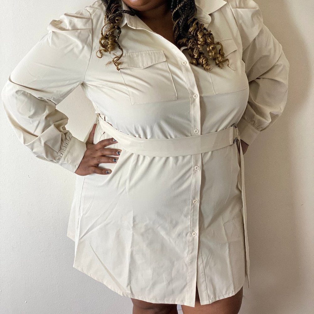 Plus Puff Sleeve Belted Shirt Dress